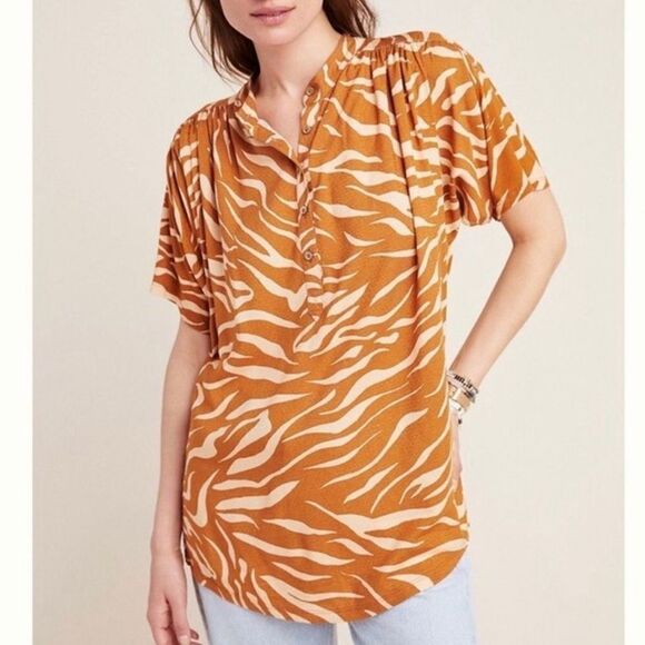 ✨ Anthropologie Maeve Windham Tiger Striped Henley Top Small - Picture 1 of 14